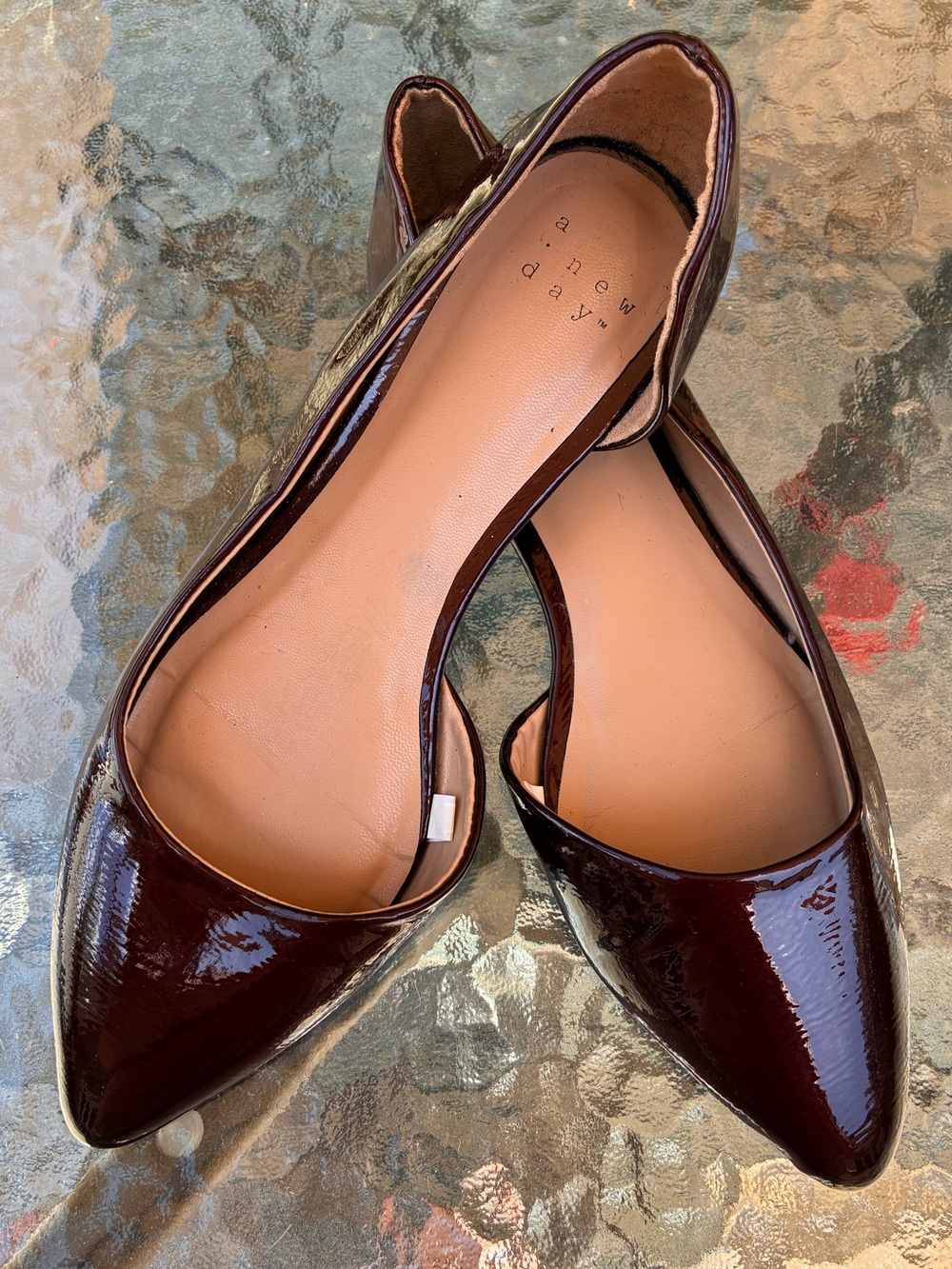 A New Day 6.5 deep ruby red patent faux leather d’orsay pointy toe flats shoes - Picture 2 of 8